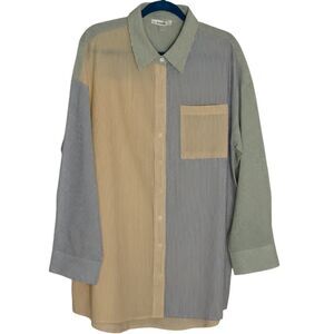 Lalavon Button Front Shirt Top Blouse Color Block Pinstripe Womens M